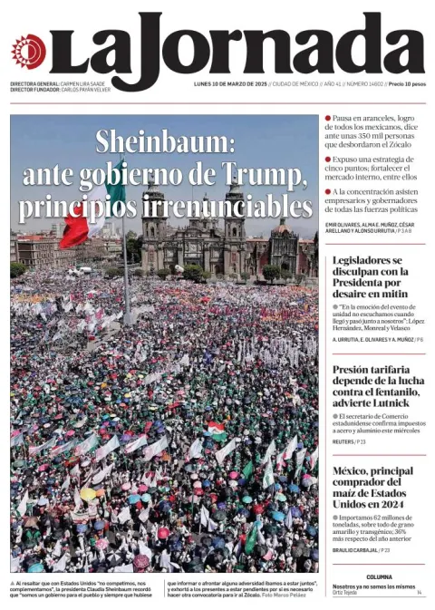 Portada de La Jornada del lunes, 10 de marzo de 2025