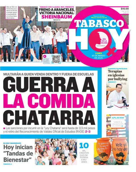 Portada de Tabasco Hoy del lunes, 10 de marzo de 2025