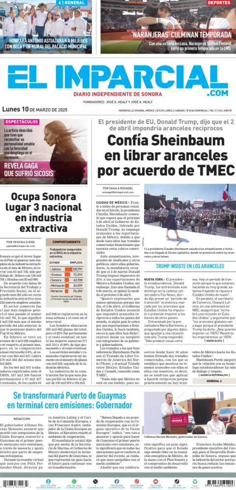 Portada de El Imparcial del lunes, 10 de marzo de 2025