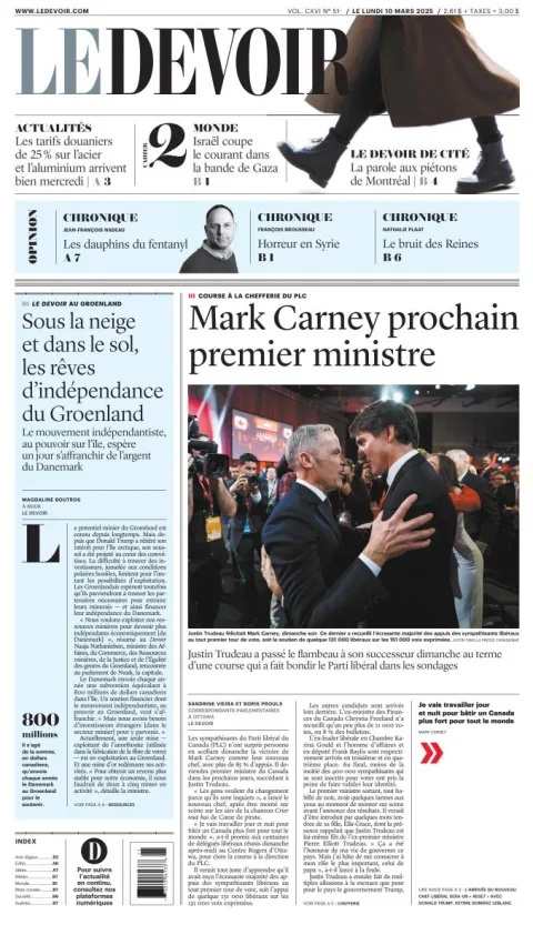 Portada de Le Devoir del lunes, 10 de marzo de 2025