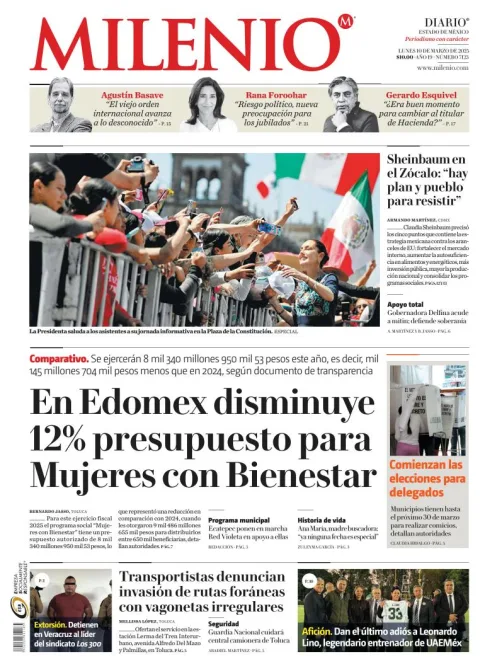 Portada de Milenio Edo de Mexico del lunes, 10 de marzo de 2025