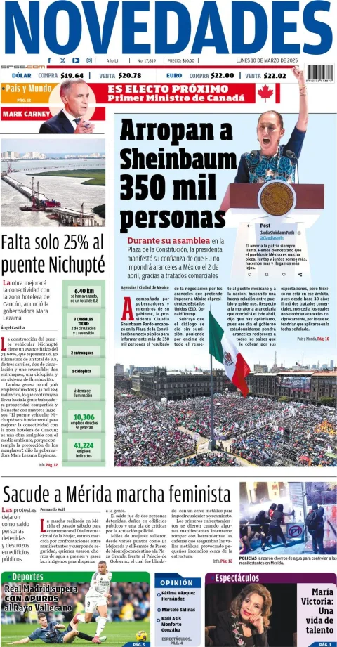 Portada de Novedades Quintana Roo del lunes, 10 de marzo de 2025