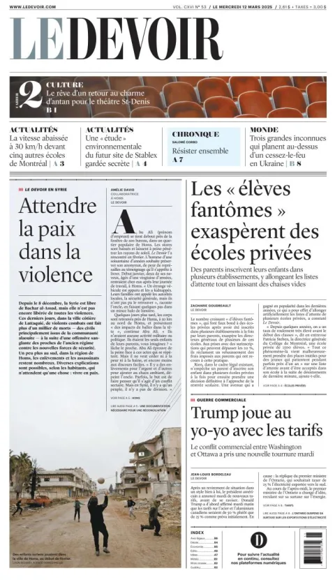 Portada de Le Devoir del miércoles, 12 de marzo de 2025
