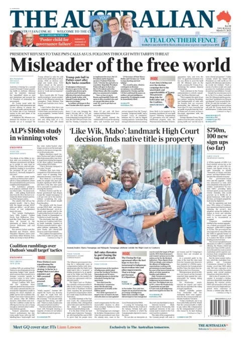 Portada de The Australian del jueves, 13 de marzo de 2025