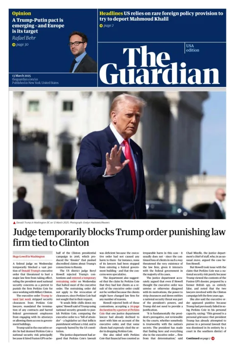Portada de The Guardian (usa) del jueves, 13 de marzo de 2025