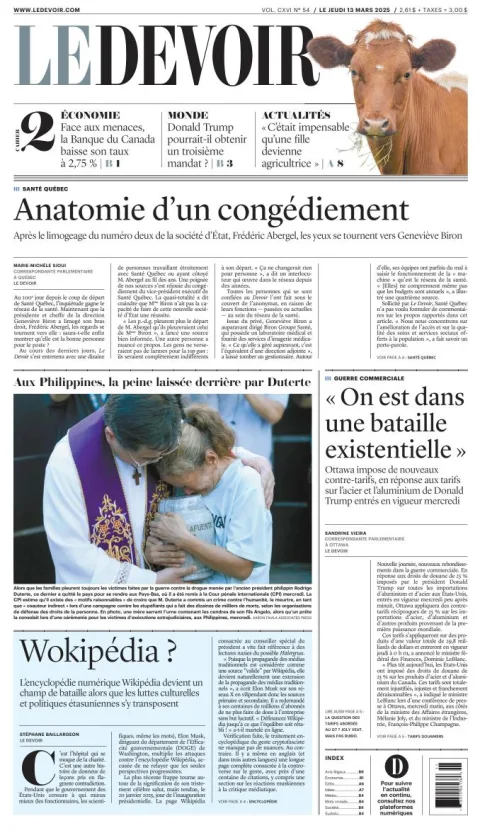 Portada de Le Devoir del jueves, 13 de marzo de 2025