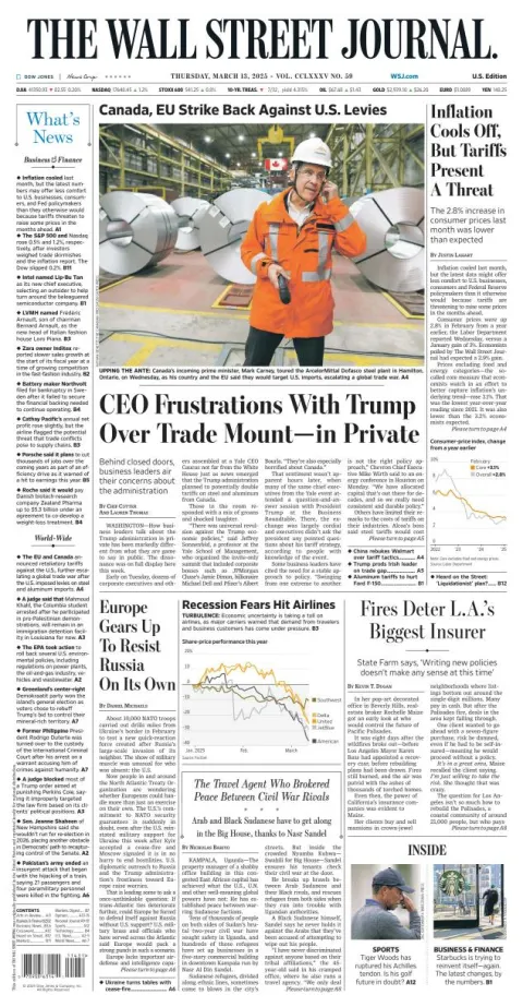 Portada de The Wall Street Journal del jueves, 13 de marzo de 2025