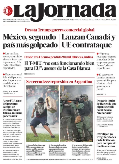 Portada de La Jornada del jueves, 13 de marzo de 2025