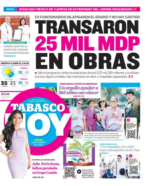 Portada de Tabasco Hoy del jueves, 13 de marzo de 2025