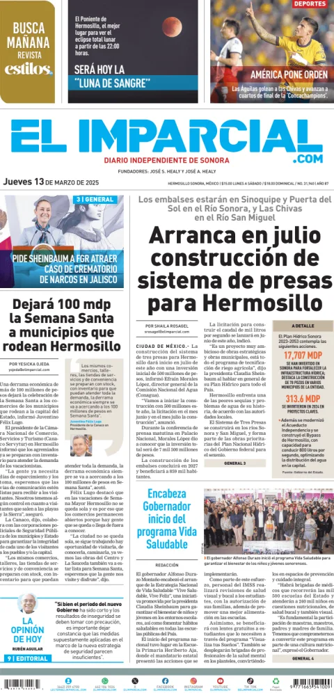 Portada de El Imparcial del jueves, 13 de marzo de 2025