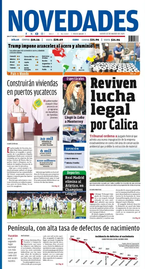 Portada de Novedades Quintana Roo del jueves, 13 de marzo de 2025