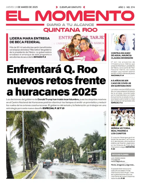 Portada de El Momento Quintana Roo del jueves, 13 de marzo de 2025