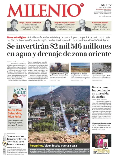 Portada de Milenio Edo de Mexico del jueves, 13 de marzo de 2025