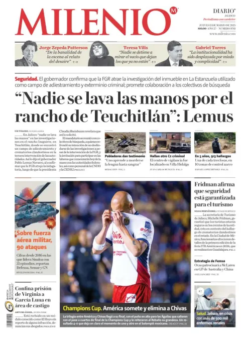 Portada de Milenio Jalisco del jueves, 13 de marzo de 2025