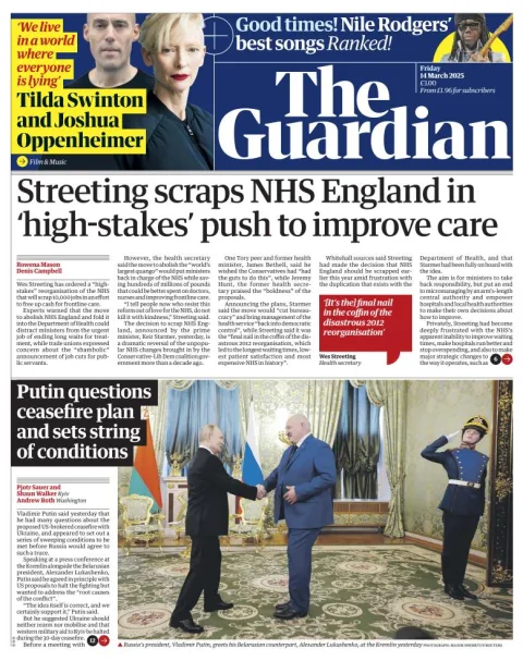 Portada de The Guardian (reino Unido) del viernes, 14 de marzo de 2025
