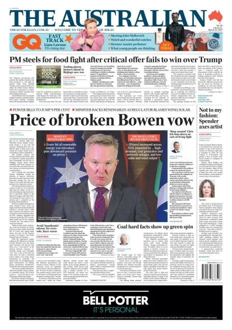Portada de The Australian del viernes, 14 de marzo de 2025