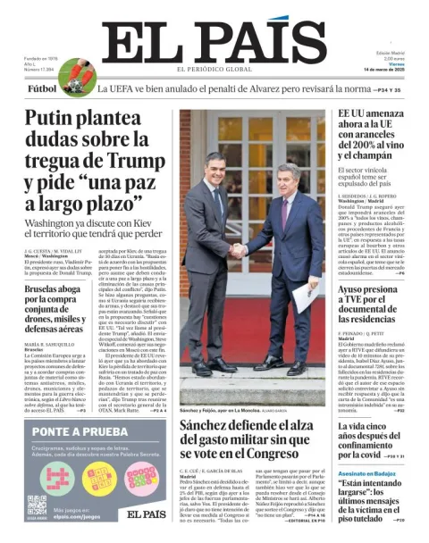 Portada de El Pais del viernes, 14 de marzo de 2025