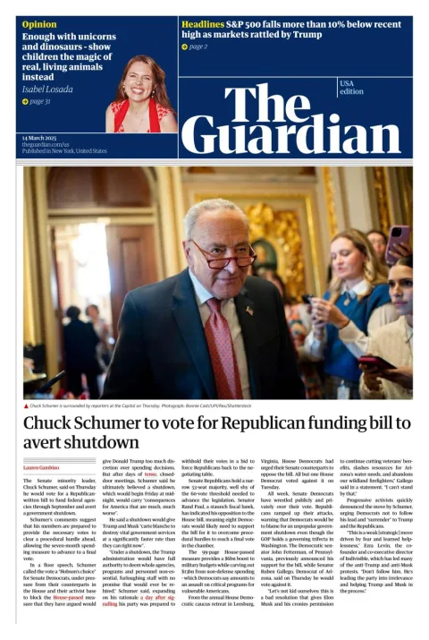 Portada de The Guardian (usa) del viernes, 14 de marzo de 2025