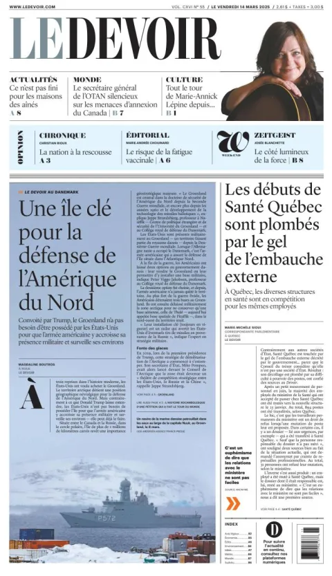 Portada de Le Devoir del viernes, 14 de marzo de 2025