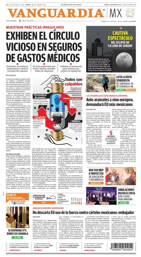 Portada de Vanguardia del viernes, 14 de marzo de 2025