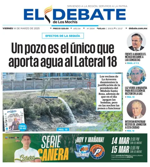 Portada de El Debate de los Mochis del viernes, 14 de marzo de 2025