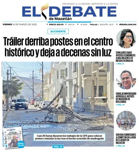 Portada de El Debate de Mazatlan del viernes, 14 de marzo de 2025