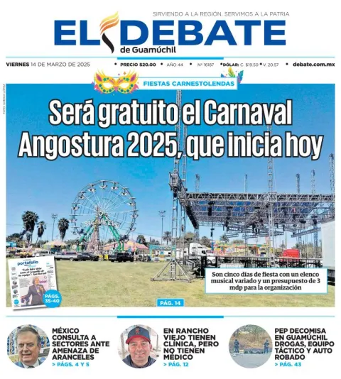 Portada de El Debate de Guamuchil del viernes, 14 de marzo de 2025