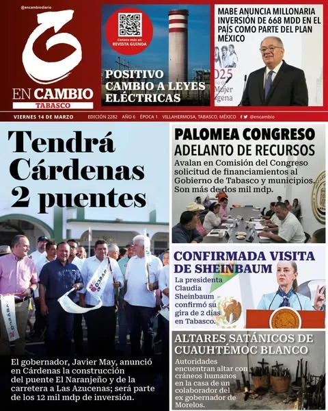 Portada de En Cambio - Tabasco (portada) del viernes, 14 de marzo de 2025