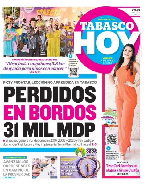 Portada de Tabasco Hoy del viernes, 14 de marzo de 2025