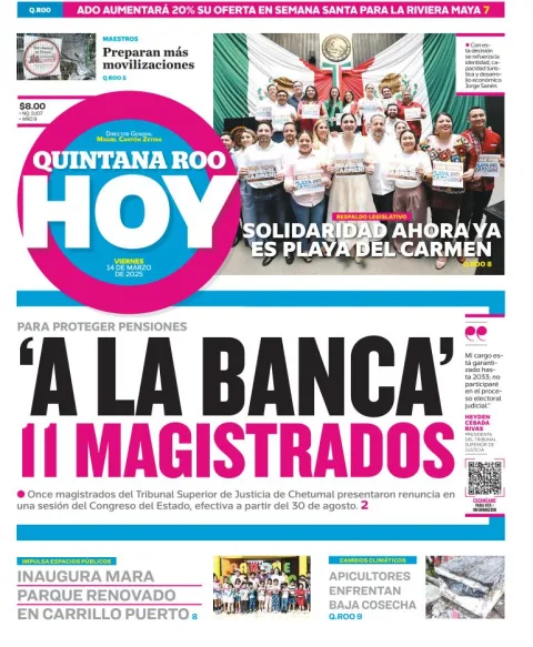Portada de Quintana Roo Hoy del viernes, 14 de marzo de 2025