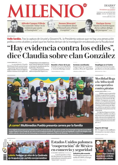 Portada de Milenio Puebla del viernes, 14 de marzo de 2025