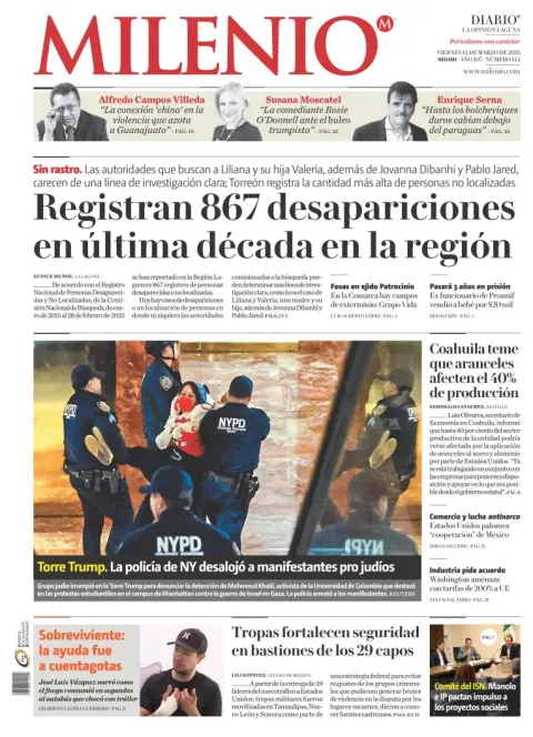 Portada de Milenio Laguna del viernes, 14 de marzo de 2025