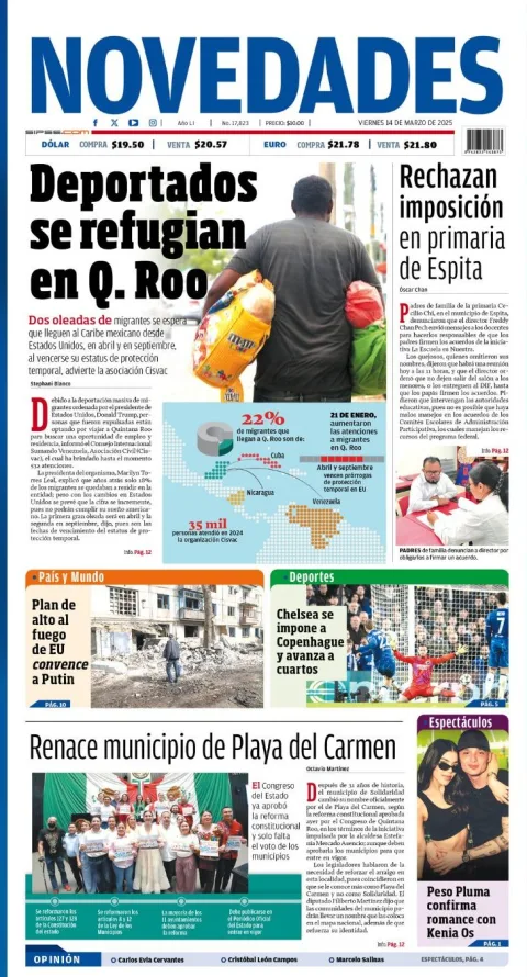 Portada de Novedades Quintana Roo del viernes, 14 de marzo de 2025