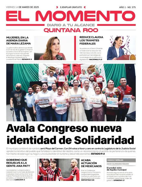 Portada de El Momento Quintana Roo del viernes, 14 de marzo de 2025