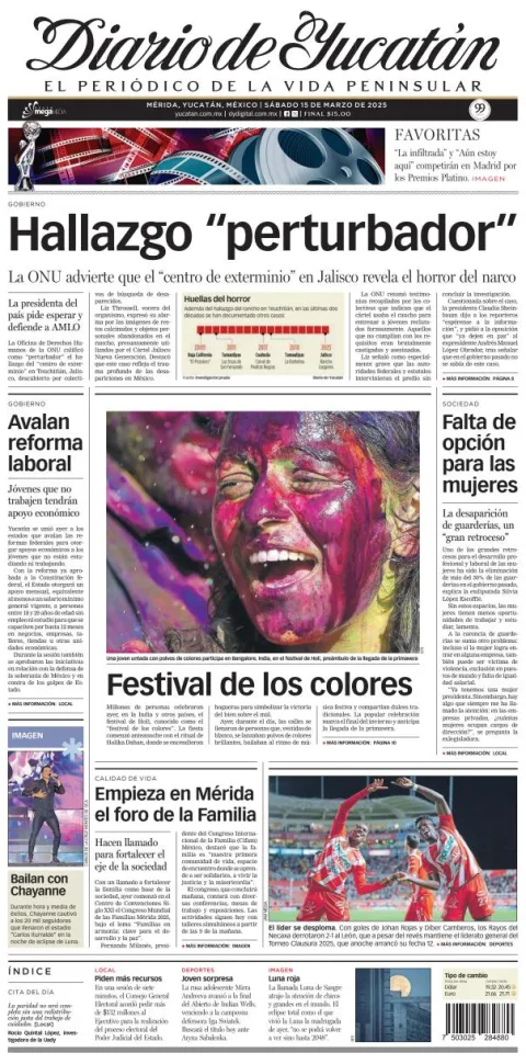 Portada de Diario de Yucatán del sábado, 15 de marzo de 2025
