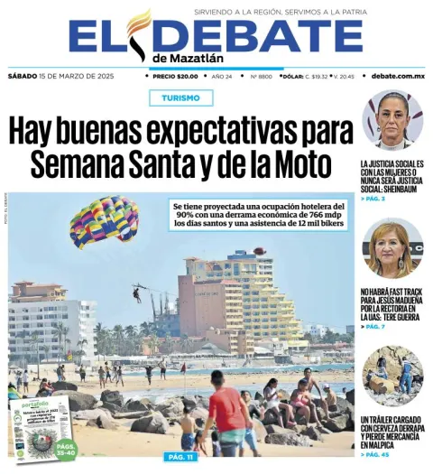 Portada de El Debate de Mazatlan del sábado, 15 de marzo de 2025