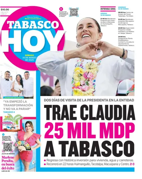 Portada de Tabasco Hoy del sábado, 15 de marzo de 2025