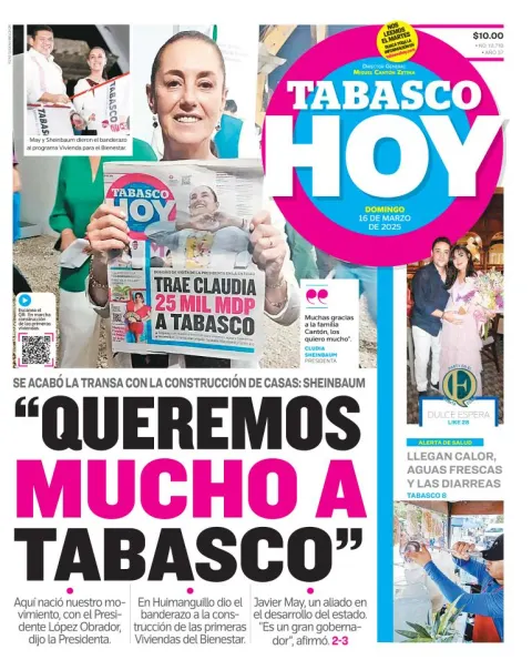 Portada de Tabasco Hoy del domingo, 16 de marzo de 2025