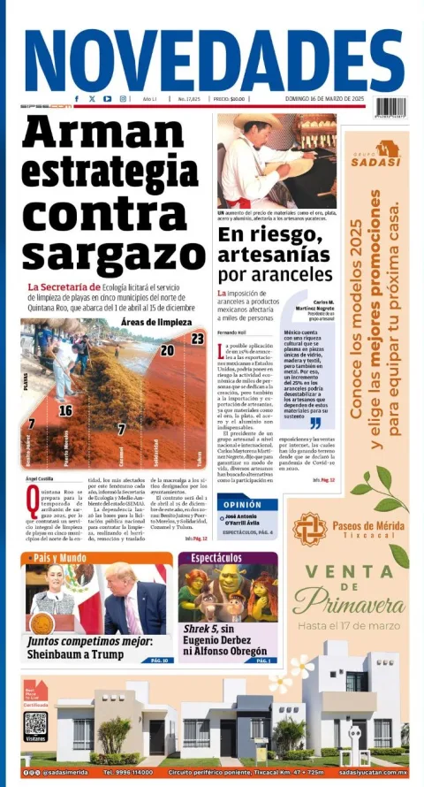Portada de Novedades Quintana Roo del domingo, 16 de marzo de 2025