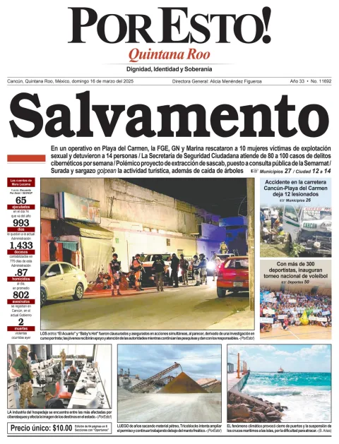 Portada de Por Esto (quintana Roo Cancun) del domingo, 16 de marzo de 2025