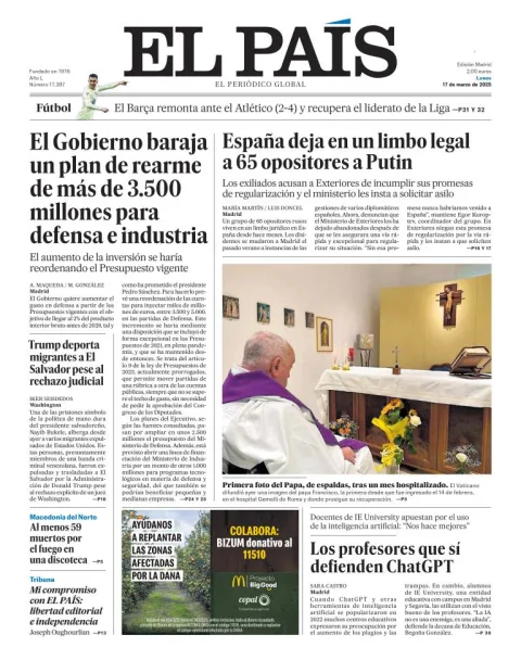 Portada de El Pais del lunes, 17 de marzo de 2025