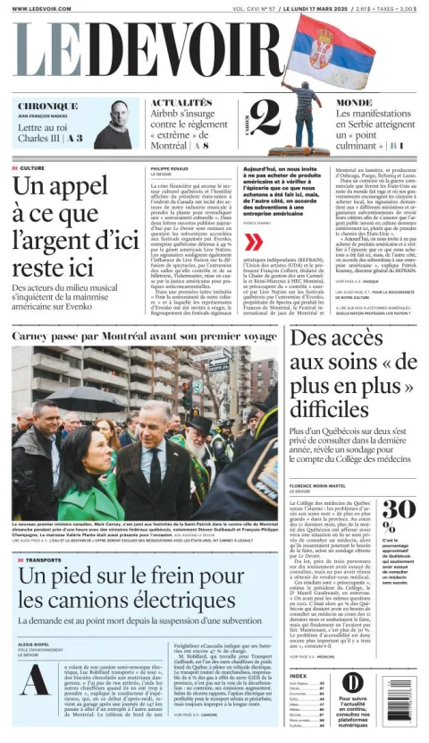 Portada de Le Devoir del lunes, 17 de marzo de 2025