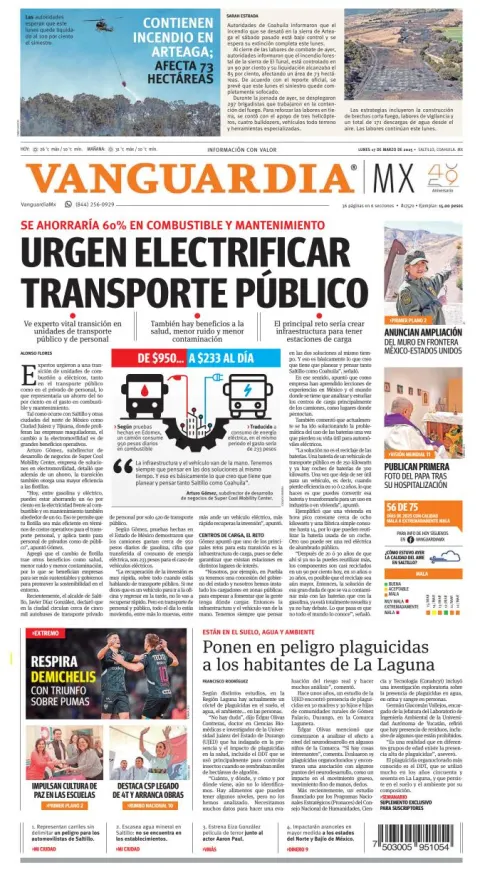 Portada de Vanguardia del lunes, 17 de marzo de 2025