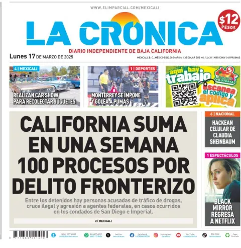 Portada de La Cronica del lunes, 17 de marzo de 2025