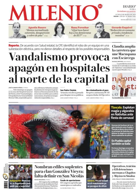 Portada de Milenio Puebla del lunes, 17 de marzo de 2025
