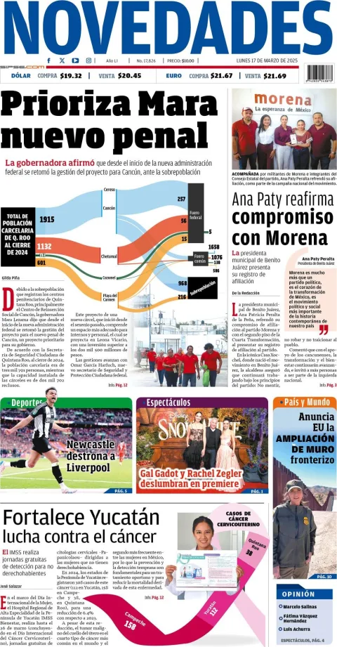 Portada de Novedades Quintana Roo del lunes, 17 de marzo de 2025