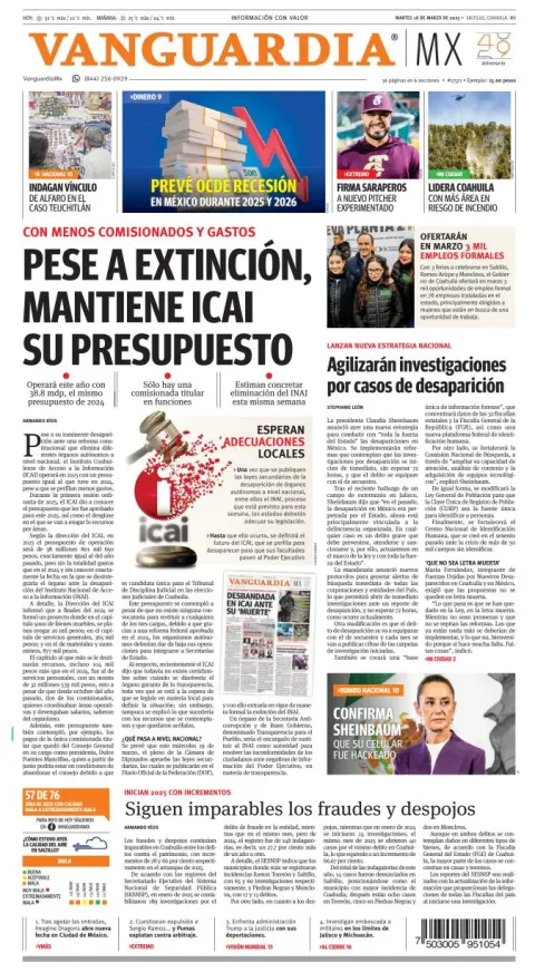 Portada de Vanguardia del martes, 18 de marzo de 2025