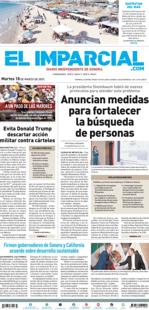 Portada de El Imparcial del martes, 18 de marzo de 2025