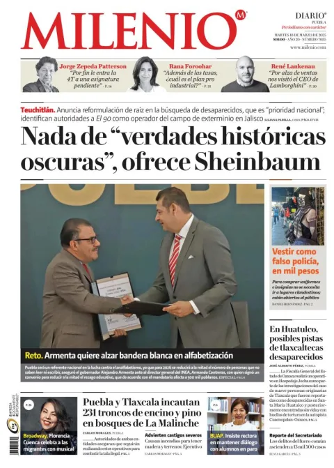 Portada de Milenio Puebla del martes, 18 de marzo de 2025