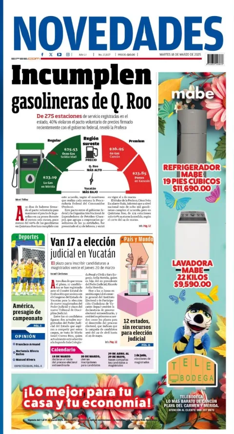 Portada de Novedades Quintana Roo del martes, 18 de marzo de 2025
